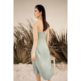 Silk slip midi dress with ruched bodice and adjustable straps for elegant feminine style